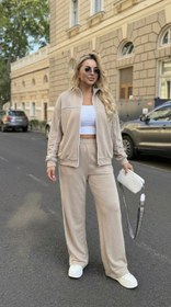 Resim Kadın Büyük Beden Uzun Kollu Fermuarlı Ara Biye Detaylı Bol Paça Eşofman Takımı 8240-26 - 4XL / Camel 