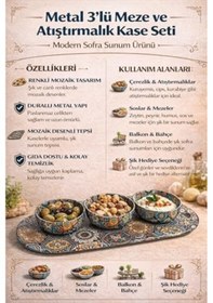 Resim Metal 3 Lü Meze Ve Atıştırmalık Kase Seti,renkli Mozaik Desenli Sunum Tabağı İle, Dayanıklı Çerezlik Sosluk Seti, Modern Sofra Sunum Ürünü 