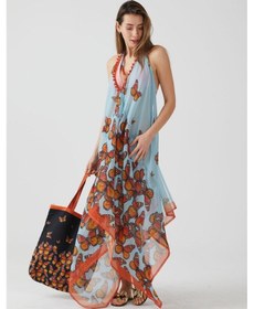 Resim Ays Home Kelebek Desen Uzun Mavi Plaj Elbisesi Mavi 