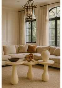 Resim Krem Renk Ahşap Mantar Sehpa Seti 3 Lü Modern Fiskos Takımı - Coffee Table Bej 