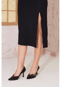 Resim Kadın Abiye Stiletto Rugan Siyah Altın Tokalı 7cm Topuklu Tam Kalıp Siyah-rugan Siyah 