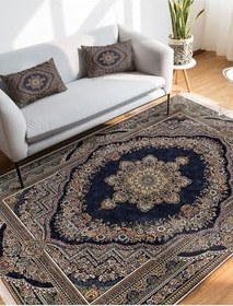 Resim RealHomes Lacivert Zemin Osmanlı Motifli Kilim Desenli Eskitme Motifli Vintage Oturma Odasıkaymaz Saçaklı Halı HaliDik-Deluxe-11503, 80 x 400 
