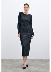 Resim Sateen Sırt Dekolteli Payet Elbise - Siyah-135580 Siyah 