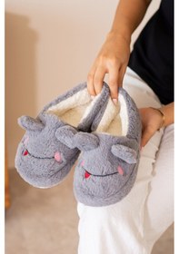Resim Albishoes Kışlık Içi Tüylü Kadın Ev Ayakkabı Kurbağa Figürlü Kaydırmaz Rahat Taban Panduf Ev Botu Gri 