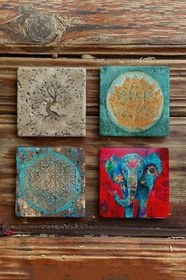 Resim Oscar Stone Decor Taş Bardak Altlığı Stone Coasters - 4Lü Set Fil Lotus Ve Yaşam Çiçeği Ba541 