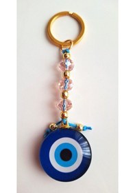 Resim Hediyelik Nazar Boncuklu Kristal Pembe Boncuk Detaylı Anahtarlık - Çanta Süsü - Çanta Charmı 11,5 Cm 