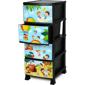 Resim Homie 4 Katlı Çekmeceli Baskılı Desenli Kapaklı Plastik Komidin - Sebzelik - Çekmece 