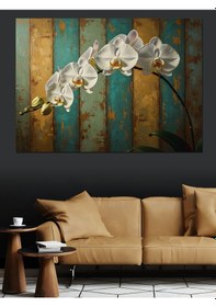 Resim Ahşap Tablo Beyaz Orkide Çiçeği Ahşap Zemin 