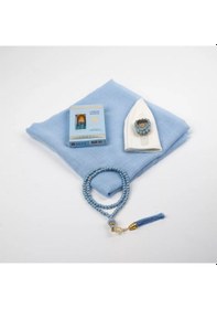 Resim Eşarp + Takke + Esans + Tesbih + Zikirmatik Hediye Seti Asetat Kutulu, Mavi Mavi 