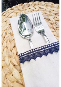 Resim 6 Adet Keten Lacivert Dantelli Kaşıklık Servis Sunum 