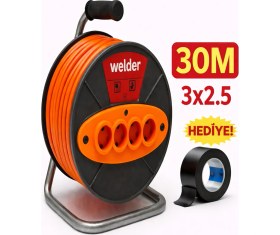 Resim Ys Welder 3 x 2,5 30 Metre Sertifikalı Makaralı Seyyar Uzatma Kablosu 4 Prizli 