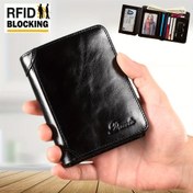 Resim 1 adet Erkek Gerçek Deri Üç Katlı Cüzdan, Kimlik Penceresi Üst Katman İnek Derisi RFID Engelleme Vintage Cüzdan, Çok Fonksiyonlu Kredi Kartı Tutucu 