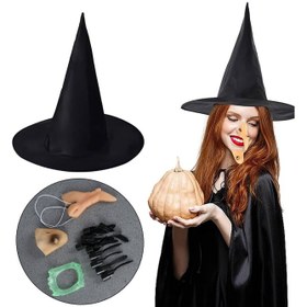 Resim Cadı Kostüm Seti - Cadı Şapkası, Cadı Tırnakları, Cadı Burnu, Cadı Çenesi, Cadı Dişi 