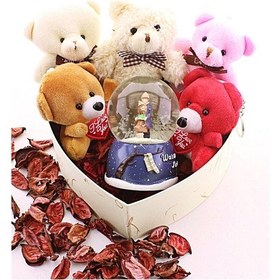 Resim Kalp Hediye Kutusu İçinde Sevgiliye Eşe Sürpriz Sevgililer Kar Küresi & 5 Adet Yavru Ayıcık Seti 