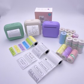 Resim Çok Fonksiyonlu Mini Taşınabilir Termal Kablosuz Cep Yazıcısı, 15 Çeşitli Yazdırma Kağıdı Rulosuyla Donatılmıştır (Renkli Kendinden Yapışkanlı Kağıt 3 Rulo, Beyaz Kendinden Yapışkanlı Kağıt 3 Rulo, Renkli Termal Kağıt 3 Rulo, Beyaz Termal Kağıt 3 Rulo, Renkli Etiket Kağıdı 3 Rulo) veya Yazdırma Kağıdı 3 Rulo, Resimler, Fotoğraflar, Etiketler, Metinler, Yapılacaklar Listeleri vb. Yazdırabilir. 