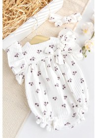 Resim Babymod Müslin Kiirazlı Desenli 100% Pamuk Yazlık Kız Bebek Tulum Krem 