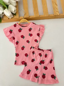 Resim Kız Çocuk Pembe Çilek Desenli Şortlu Takım 