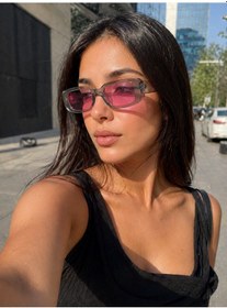Resim Kadın Şeffaf Güneş Gözlüğü Siyah Cam Dikdörtgen Çerçeve Retro Y2k Vintage Uv400 Gri - Pembe 