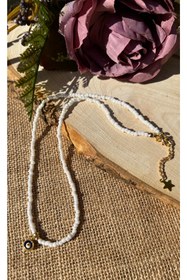 Resim Kosovalı Gold Nazar Boncuk Detaylı Sedefli Ekru Boncuk Kolye, 40 Cm 