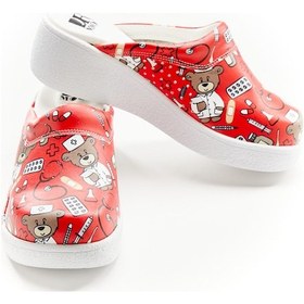 Resim Ayıcık Desenli Hakiki Deri Bayan Dolgu Taban Sabo Terlik Kırmızı 