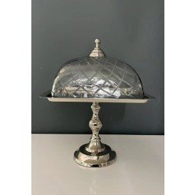 Resim Lamedore Kare Ayaklı Cam Kapaklı Kek Standı Nikel 24X24X35 cm 