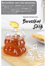 Resim Kaşıklı Borosilikat Cam Bal Kavanozu - Kapaklı Boncuk Şekilli Reçellik Bal Reçel Kavanozu 400ml Şeffaf 