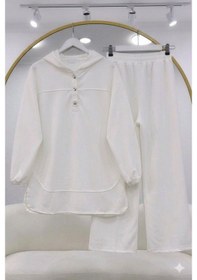 Resim Lovie Moda Kapüşonlu Düğme Detaylı Pantolonlu Takım Beyaz 