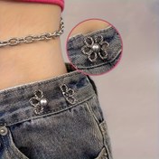 Resim Kadınlar İçin Ayarlanabilir Kot Bel Sıkılaştırıcı - Dikişsiz İnci Süslemeli Çiçek Desenli Düğme ve Zincir Bağlantılı Güvenli Fit & Şık Tarz, Kot Bedeni Ayarlayıcı, Zarif Metal Detaylı Aksesuar 