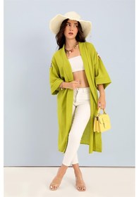 Resim Wpr Kimono Arkası Baskılı Püsküllü Keten - Açık Yeşil-açık Yeşil Açık Yeşil 