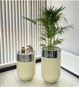 Resim Dekoratif Krom Darbuka Beyaz Saksı 70cm + Sehpa 60cm İkili Set 