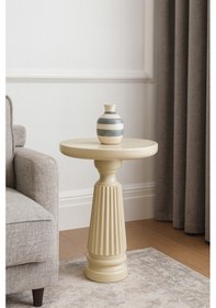 Resim Doğal Masif Ahşap Krem Tekli Yan Sehpa Modern Mantar Form Tasarımı Bej 