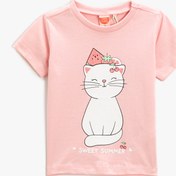 Resim Kız Bebek Kedi Baskılı Kısa Kollu Tişört Bisiklet Yaka 