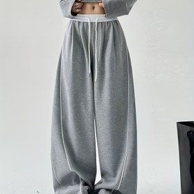 Resim Kadınlar İçin Elastik Bel Bağcıklı Rahat Jogger Pantolon - Açık Gri, Normal Kesim Uzun Pantolon, Makinede Yıkanabilir Her Mevsim Kullanım, Minimal Tasarım, Yumuşak Kumaş, Konfor Arayanlar İçin Ev ve Günlük Giyim 