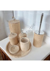 Resim Sarı Traverten Klasik Model 7 Parça Gümüş Renk Halka Aksesuarlı Banyo Seti Sarı Traverten 