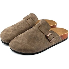 Resim Kadın Ortopedik Yumuşak Tabanlı Terlik Önü Kapalı Paslanmaz Tokalı Kaymaz Sabo Ev Dışarı Terliği Vizon 