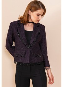 Resim Kadın Püskül Detaylı Kısa Blazer Ceket Mor 