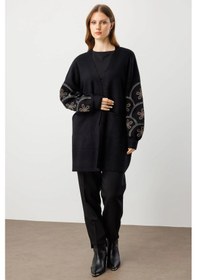 Resim On Fashion Kadın Çiçek İşlemeli Torba Cepli Siyah Hırka 60904 Siyah 