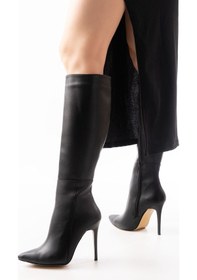 Resim Ls-226 Siyah Fermuarlı Lastikli İnce Yüksek Topuklu Kadın Çizme Beyaz 