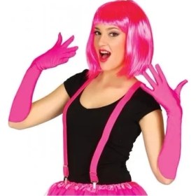 Resim Aspata Store Fuşya Renk Saten Uzun Eldiven ve Küt Parti Peruğu 