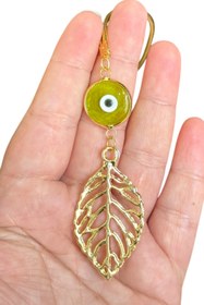 Resim biuti Yeşil El Yapımı Cam Nazar Detaylı Metal Yaprak Araba Dikiz Ayna Süsü, Altın Renkli Araba Hediyesi 