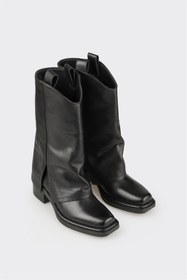 Resim Elle Siyah Deri Kadın Western Çizme 