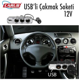 Resim Carub Çakmak Soketi 12V Kablolu 3Lü+ USB 