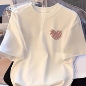 Resim Kadınlar İçin %100 Pamuklu Oversize Kısa Kollu Tişört - Beyaz Kalp Baskılı Siyah Yuvarlak Yaka Rahat Kesim, Makinede Yıkanabilir Bol Kesim T-Shirt, Her Mevsime Uygun Konforlu Üst, Kadın Giyim 