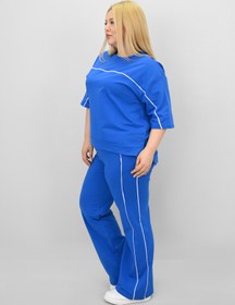Resim Kadın Büyük Beden Kısa Kollu Ara Biye Detaylı Bol Paça Eşofman Takımı 8189-25 - 4XL / Gri 