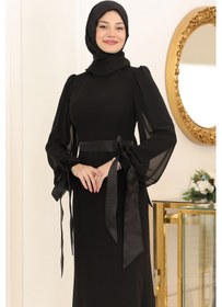 Resim Raika Moda Kol Detaylı Firuze Şifon Tesettür Abiye Siyah 