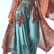 Resim Kadınların Vintage Çiçek Desenli Geniş Bacaklı Pantolonları - Açık Mavi Polyester, Elastik Bel, Bol Kesim, Uzun Boy, Tüm Mevsimler İçin Rahat Giyim, Hafta Sonu Konforu|Çiçek Desenli Pantolonlar|Tüllü Kot 