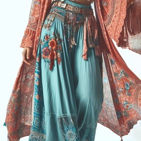 Resim Kadınların Vintage Çiçek Desenli Geniş Bacaklı Pantolonları - Açık Mavi Polyester, Elastik Bel, Bol Kesim, Uzun Boy, Tüm Mevsimler İçin Rahat Giyim, Hafta Sonu Konforu|Çiçek Desenli Pantolonlar|Tüllü Kot 