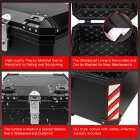 Resim 67.99L Büyük Kapasiteli Motosiklet Kask Saklama Kutusu - Dayanıklı Siyah ve Kırmızı Off-Road Bagaj Organizatörü, Reflektif Şeritler, Çıkarılabilir Taban Plakası, Kilitleme Anahtarı & Montaj Aksesuarları ile Güvenli Ekipman Depolama, Sağlam Yapı 