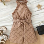 Resim Kızların Şık Dantel Desenli Jumpsuit + Kemer 2 Parça Set, Dış Mekan için 