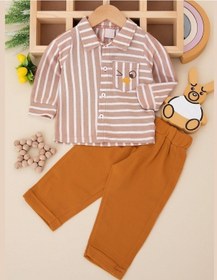 Resim Nazar Çizgili Gömlek Dokuma Kumaş Erkek Bebek Takım 001 